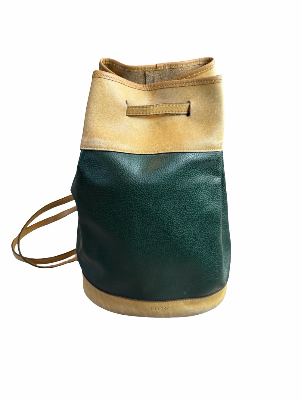 VINTAGE ARCO Leather Bucket Backpack Green Tan Leather Bag